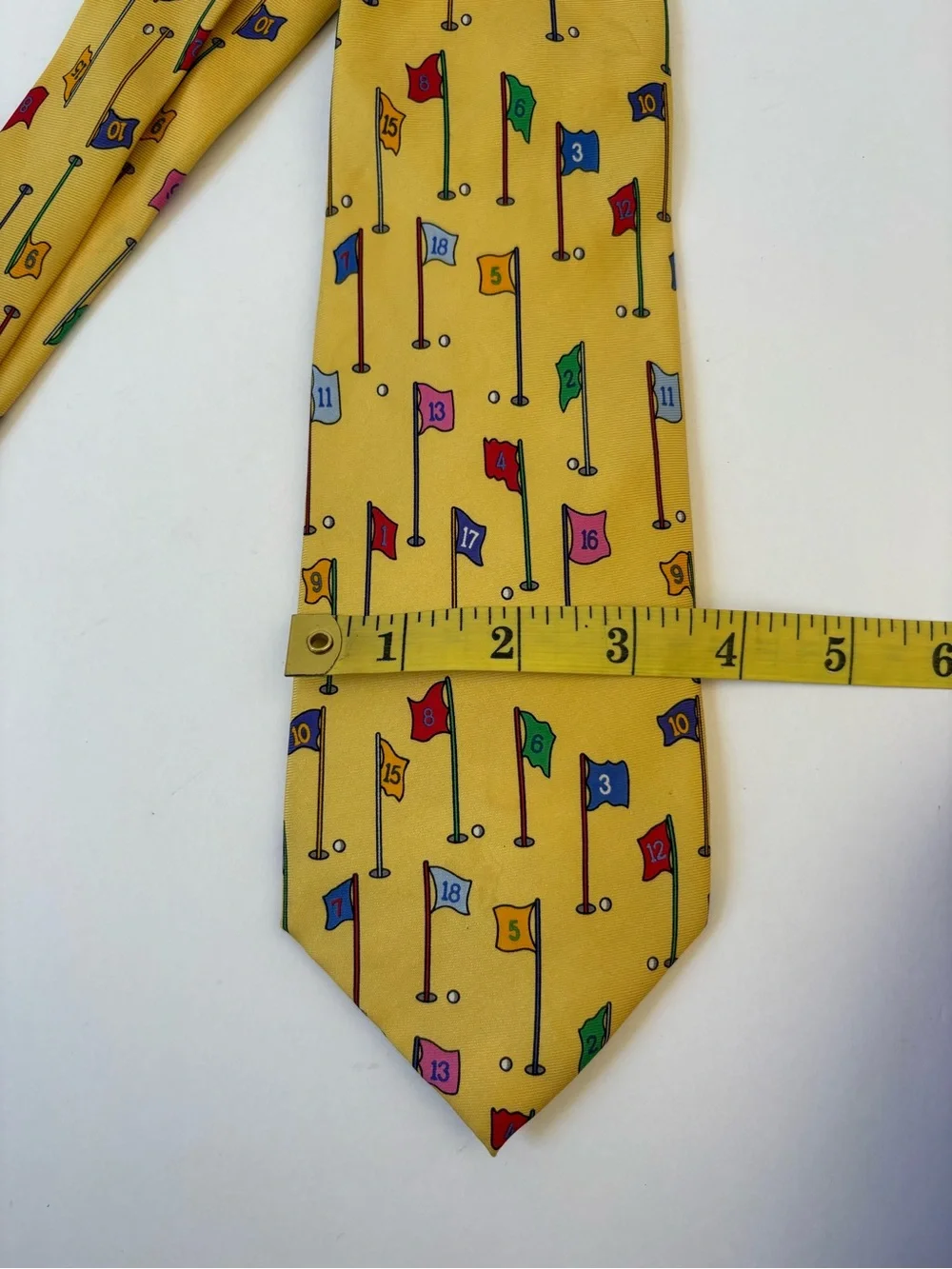 Alynn Neckwear Silk Tie Yellow 18 Hole Course Novelty Print HandMade Gag Golf